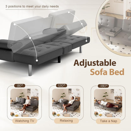 Divano letto futon pieghevole trasformabile - Divano letto in similpelle con braccioli rimovibili, gambe in metallo e portabicchieri, nero