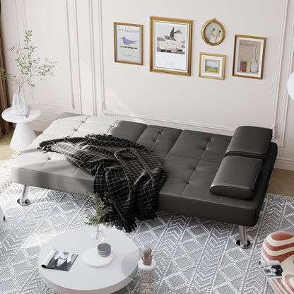 Divano letto futon pieghevole trasformabile - Divano letto in similpelle con braccioli rimovibili, gambe in metallo e portabicchieri, nero