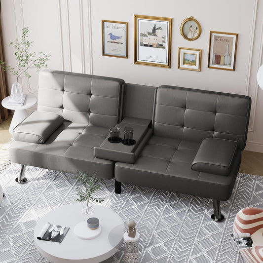 Divano letto futon pieghevole trasformabile - Divano letto in similpelle con braccioli rimovibili, gambe in metallo e portabicchieri, nero