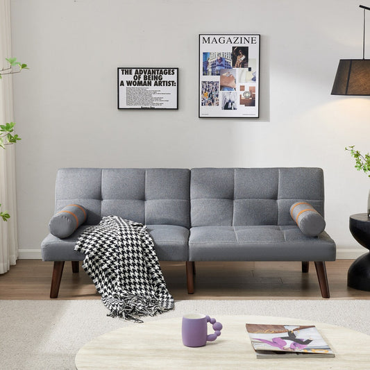 Divano letto futon trasformabile con gambe in legno massello, tessuto di lino grigio