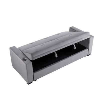 Divano trasformabile, schienale in velluto trapuntato grigio, porte di ricarica USB, 84 pollici