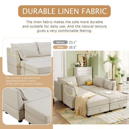 Divano componibile modulare a forma di U trasformabile con pouf contenitore e chaise longue reversibile per soggiorno