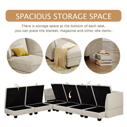 Divano componibile modulare a forma di U trasformabile con pouf contenitore e chaise longue reversibile per soggiorno