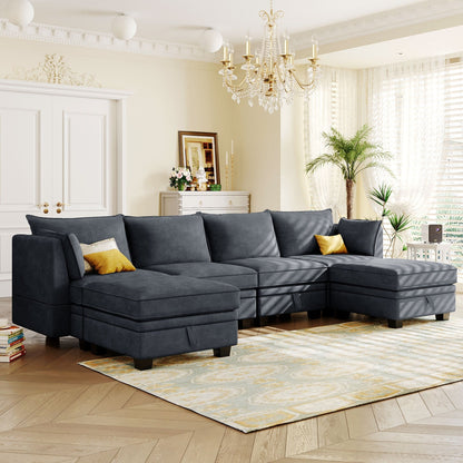 Divano componibile modulare a forma di U trasformabile con pouf contenitore e chaise longue reversibile per soggiorno