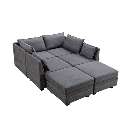 Divano componibile modulare a forma di U trasformabile con pouf contenitore e chaise longue reversibile per soggiorno