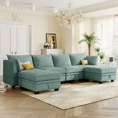 Divano componibile modulare a forma di U trasformabile con pouf contenitore e chaise longue reversibile per soggiorno