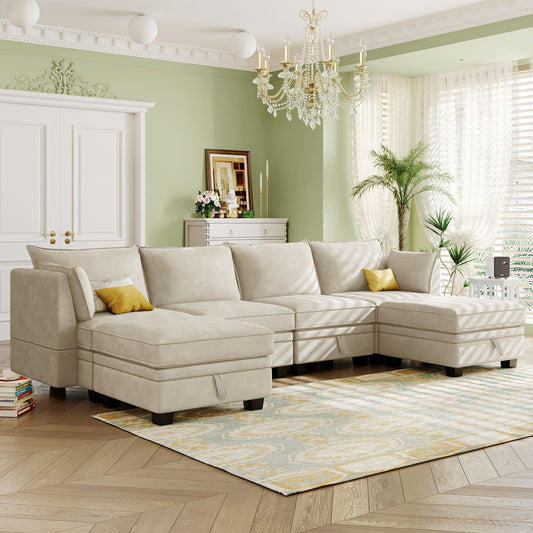 Divano componibile modulare a forma di U trasformabile con pouf contenitore e chaise longue reversibile per soggiorno