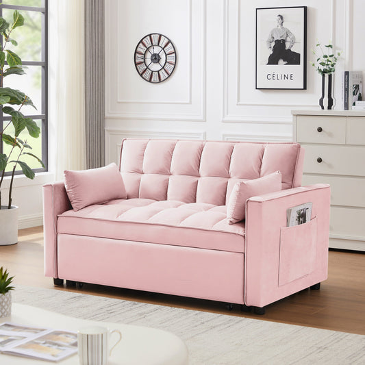 Divano a due posti trasformabile in velluto con schienale reclinabile, letto estraibile e cuscini, perfetto per piccoli spazi