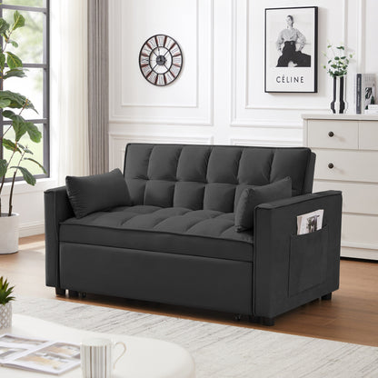Divano a due posti trasformabile in velluto con schienale reclinabile, letto estraibile e cuscini, perfetto per piccoli spazi