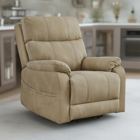 Poltrona reclinabile elettrica Corbin, similpelle color sabbia, braccioli con cuscino