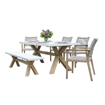 Set da pranzo Cordelia da 6 pezzi in composito avorio e eucalipto con panca