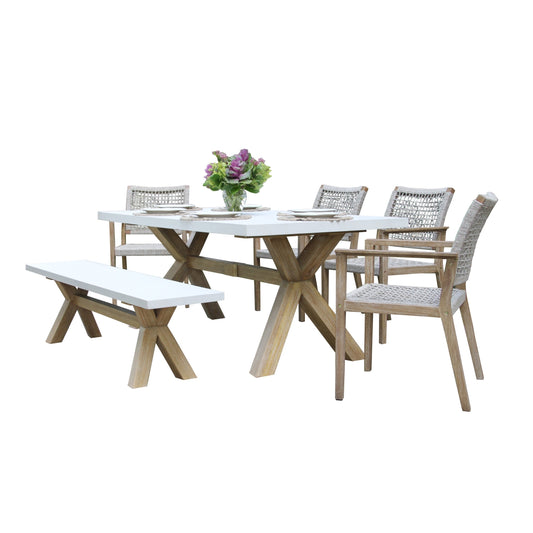Set da pranzo Cordelia da 6 pezzi in composito avorio e eucalipto con panca