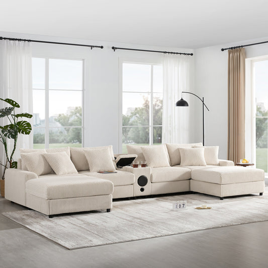 Divano componibile in velluto a coste con altoparlanti Bluetooth, caricabatterie USB, portabicchieri, contenitore, pouf, seduta profonda e ampia