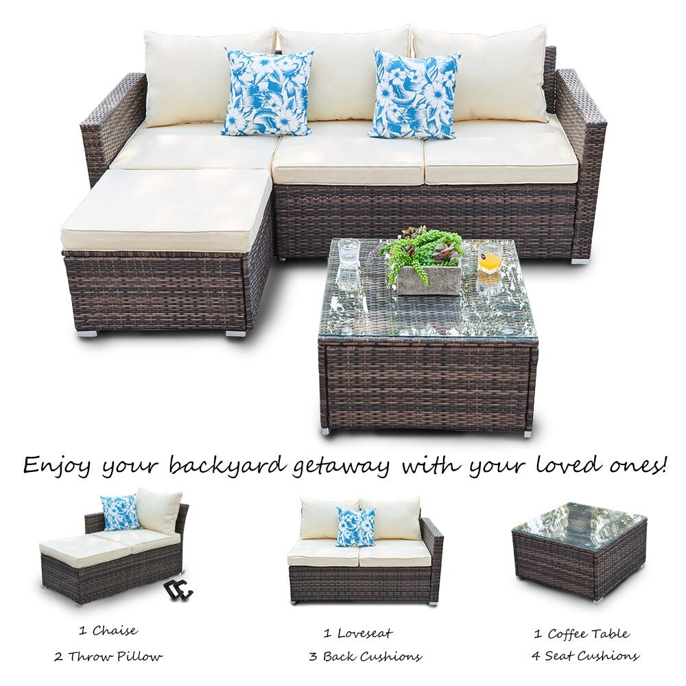 Set da conversazione per patio in vimini per tutte le stagioni, 3 pezzi, componibile per esterni, beige