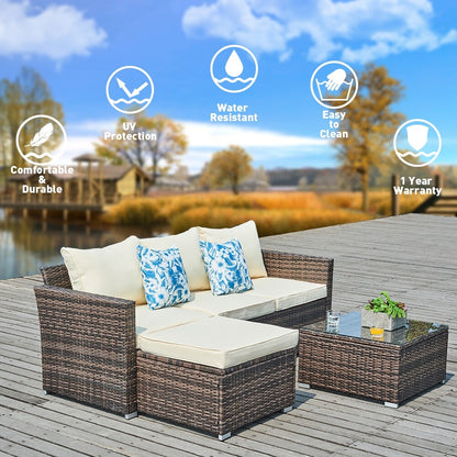 Set da conversazione per patio in vimini per tutte le stagioni, 3 pezzi, componibile per esterni, beige