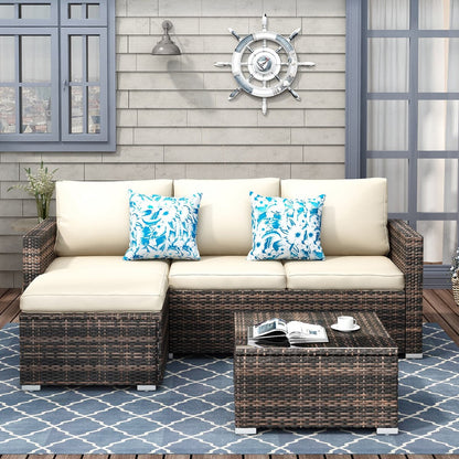 Set da conversazione per patio in vimini per tutte le stagioni, 3 pezzi, componibile per esterni, beige