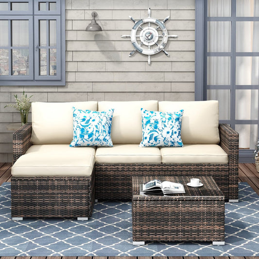 Set da conversazione per patio in vimini per tutte le stagioni, 3 pezzi, componibile per esterni, beige