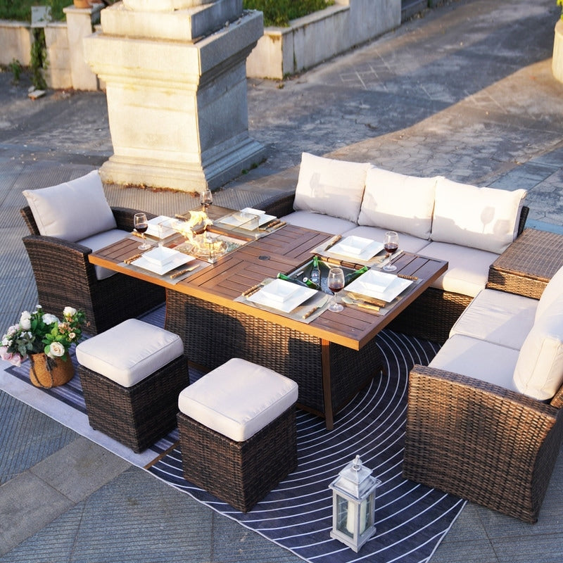 Set di divani da giardino da 7 pezzi con braciere e tavolo da pranzo con contenitore per il ghiaccio