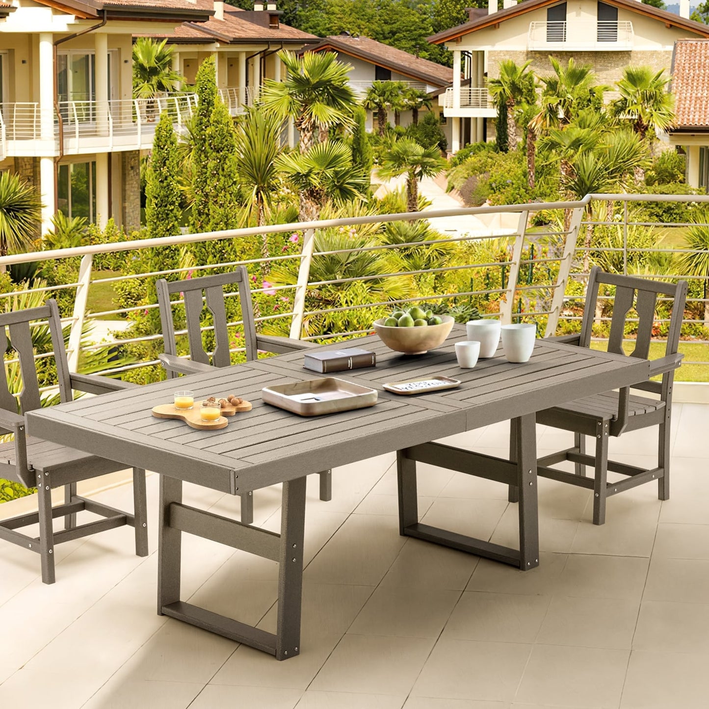 Set da pranzo versatili per esterni con sedie girevoli/pieghevoli e tavolo con doghe in acciaio e set da pranzo in HDPE per giardini e patii
