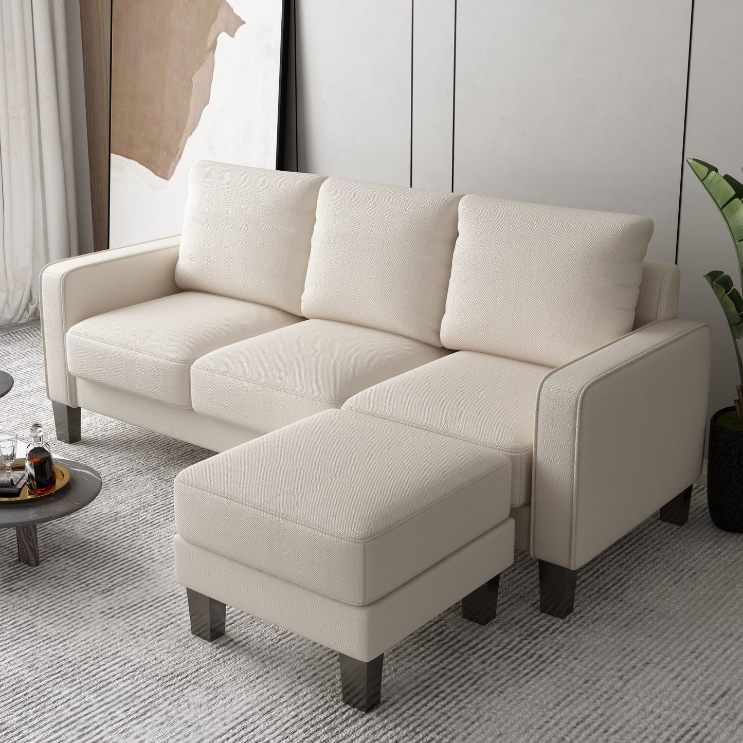 Divano imbottito a 3 posti con pouf, fodera per cuscino rimovibile e piccolo spazio di archiviazione