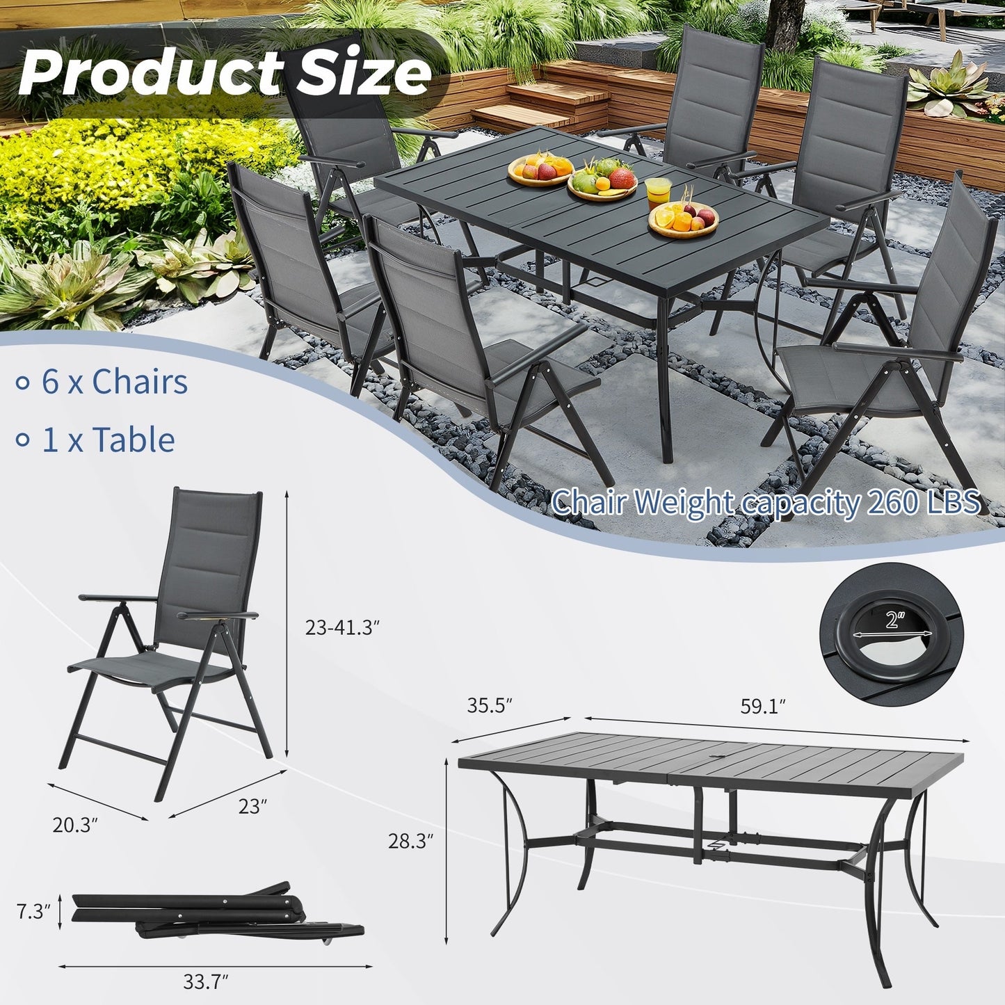 Set da pranzo versatili per esterni con sedie girevoli/pieghevoli e tavolo con doghe in acciaio e set da pranzo in HDPE per giardini e patii