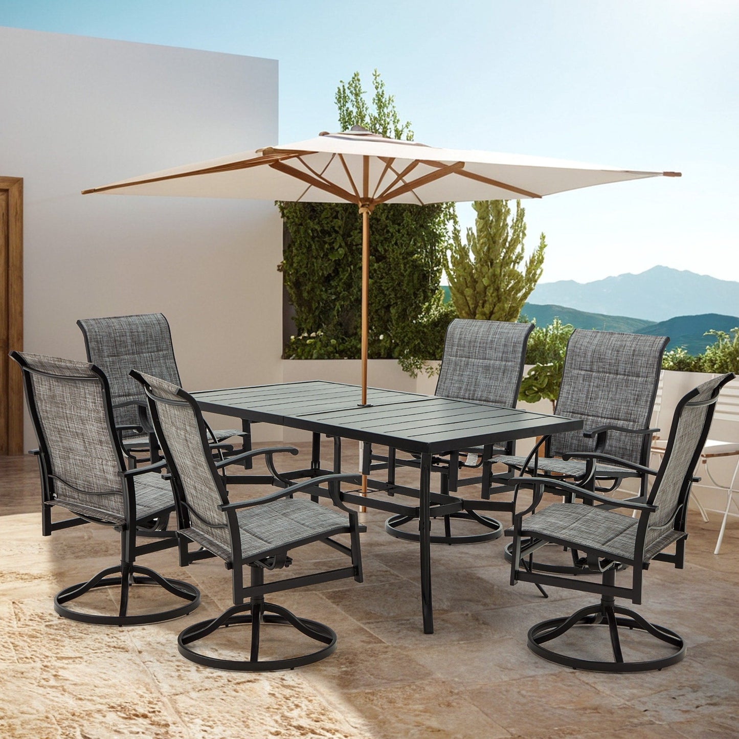 Set da pranzo versatili per esterni con sedie girevoli/pieghevoli e tavolo con doghe in acciaio e set da pranzo in HDPE per giardini e patii