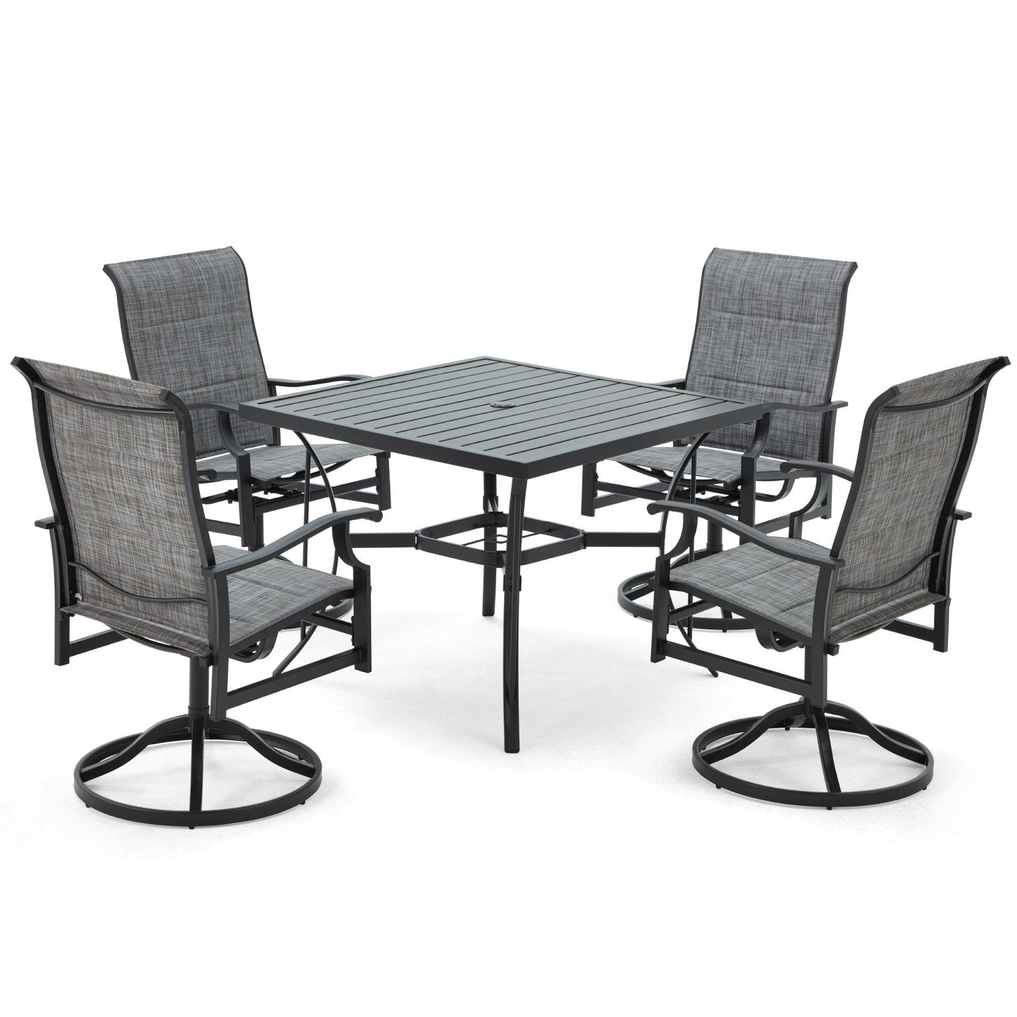 Set da pranzo versatili per esterni con sedie girevoli/pieghevoli e tavolo con doghe in acciaio e set da pranzo in HDPE per giardini e patii