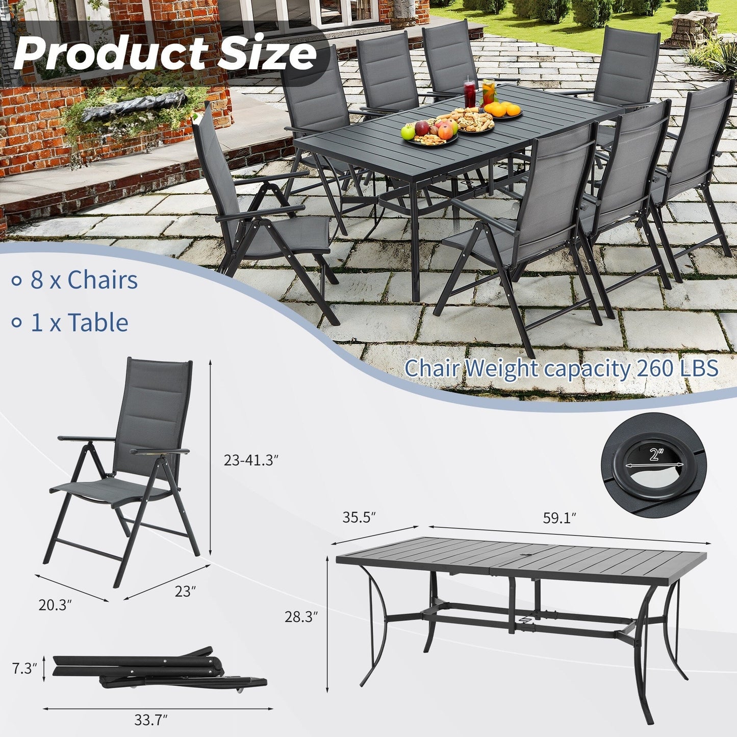 Set da pranzo versatili per esterni con sedie girevoli/pieghevoli e tavolo con doghe in acciaio e set da pranzo in HDPE per giardini e patii