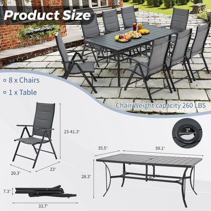Set da pranzo versatili per esterni con sedie girevoli/pieghevoli e tavolo con doghe in acciaio e set da pranzo in HDPE per giardini e patii