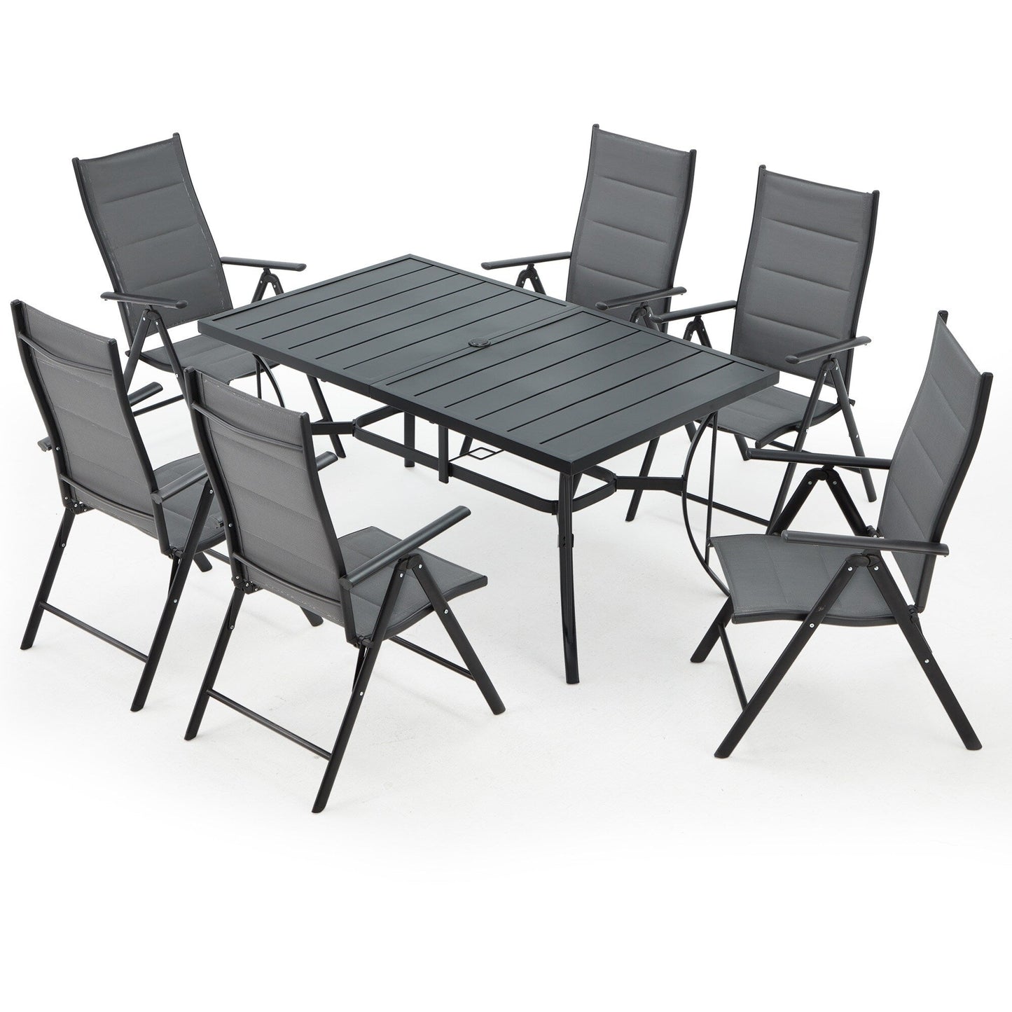 Set da pranzo versatili per esterni con sedie girevoli/pieghevoli e tavolo con doghe in acciaio e set da pranzo in HDPE per giardini e patii
