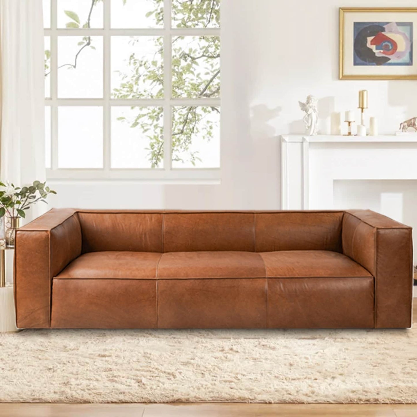 Divano moderno in vera pelle per soggiorno UR Livingroom, interamente in pelle anilina, dimensioni: 100 x 43 x 26,25 cm.
