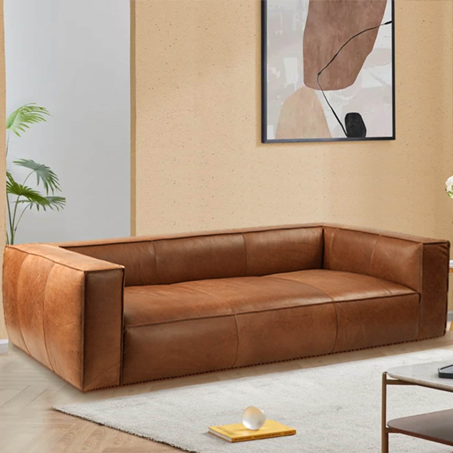 Divano moderno in vera pelle per soggiorno UR Livingroom, interamente in pelle anilina, dimensioni: 100 x 43 x 26,25 cm.