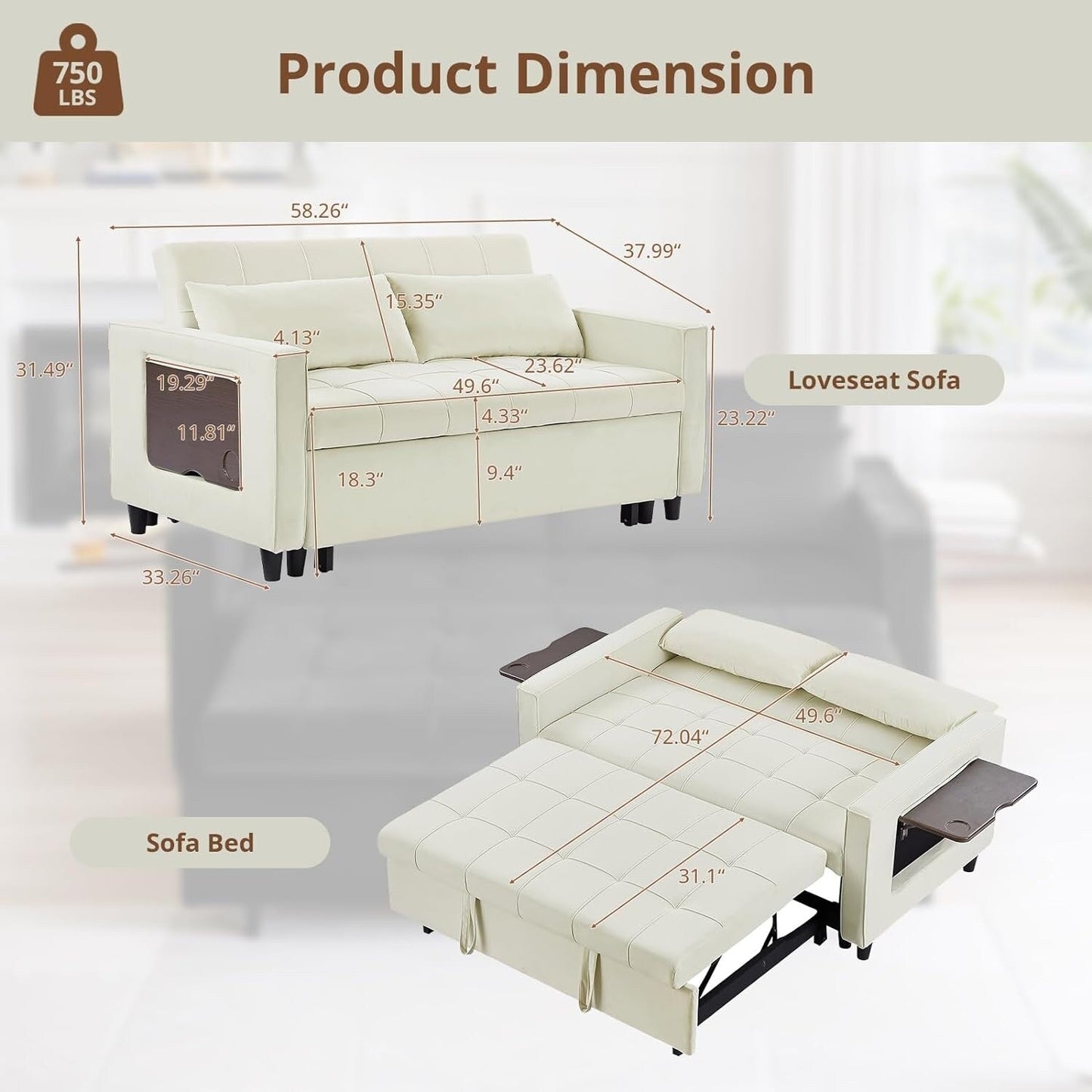 Divano trasformabile in velluto da 55 pollici, divano futon 3 in 1 con letto estraibile/tavolino laterale con schienale regolabile/2 cuscini lombari