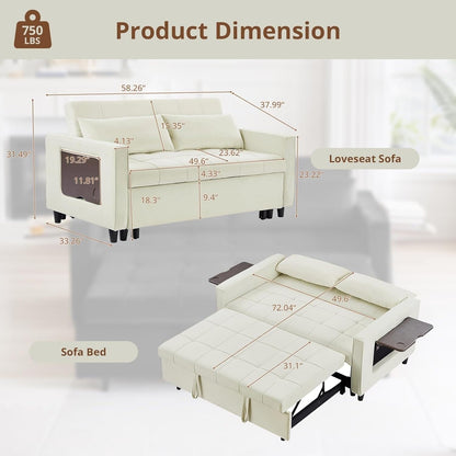 Divano trasformabile in velluto da 55 pollici, divano futon 3 in 1 con letto estraibile/tavolino laterale con schienale regolabile/2 cuscini lombari