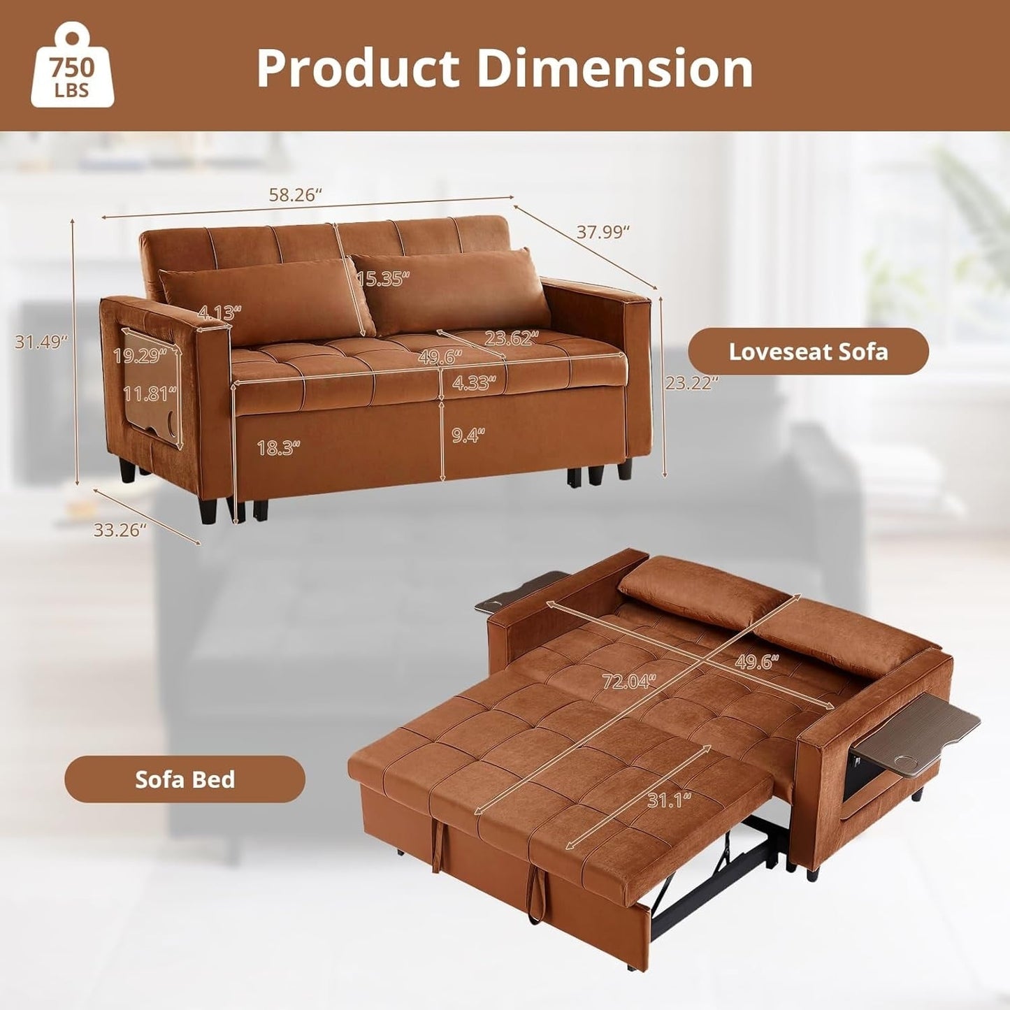 Divano trasformabile in velluto da 55 pollici, divano futon 3 in 1 con letto estraibile/tavolino laterale con schienale regolabile/2 cuscini lombari