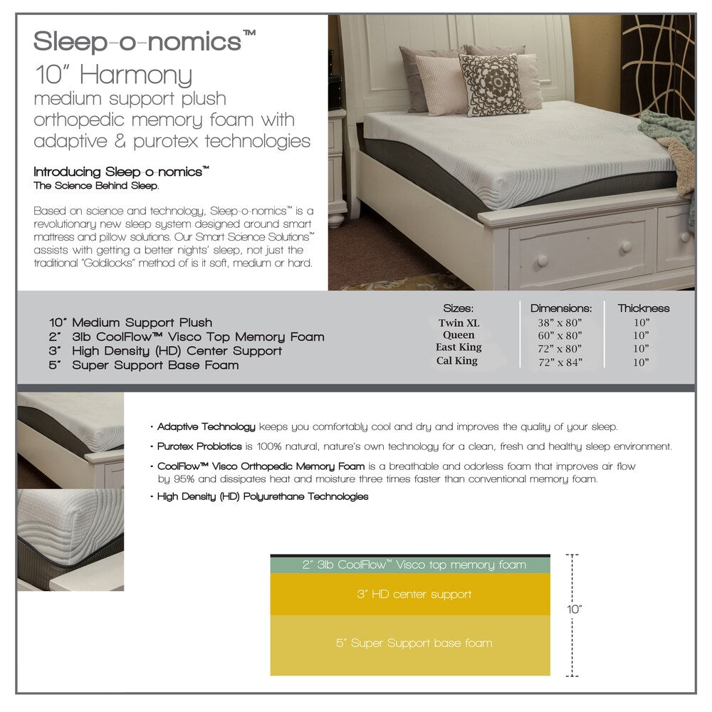 Materasso in memory foam California King-size Harmony by Integrity Bedding Sleep-o-nomics da 10 pollici - Bianco sporco