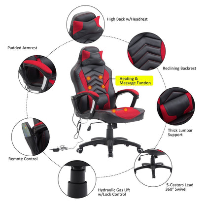 Sedia da gioco per computer con 6 punti di massaggio vibranti, 5 modalità, sedia da scrivania riscaldata in stile racing, sedia girevole con poggiatesta