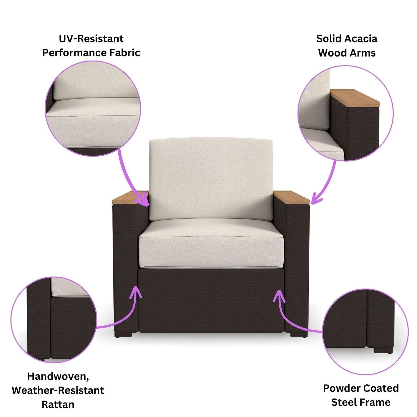 Set di 4 poltrone e pouf da esterno in rattan Palm Springs con cuscini di Homestyles