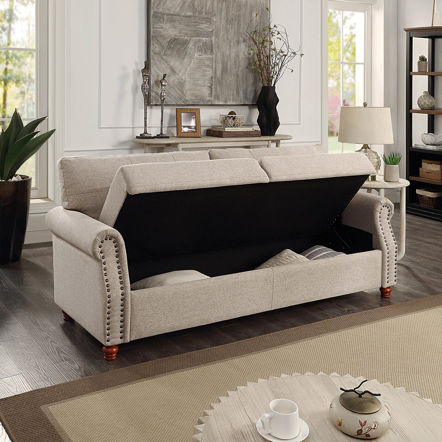 Divano rivestito in tessuto di lino beige con contenitore - 32,28 x 79,53 x 33,47