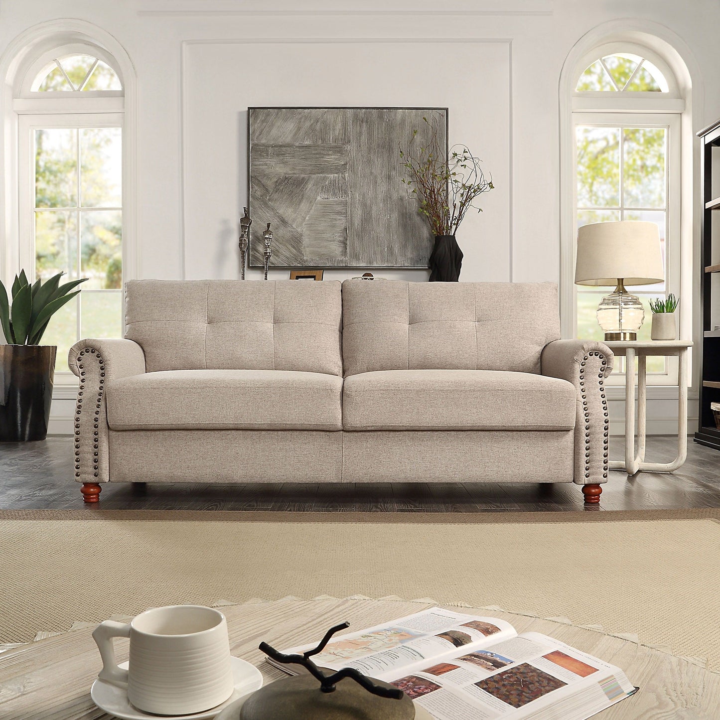 Divano rivestito in tessuto di lino beige con contenitore - 32,28 x 79,53 x 33,47