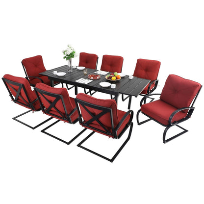 Set da pranzo per patio esterno 7/9 pezzi, 6/8 sedie con movimento a molla e cuscino, 1 sedia rettangolare