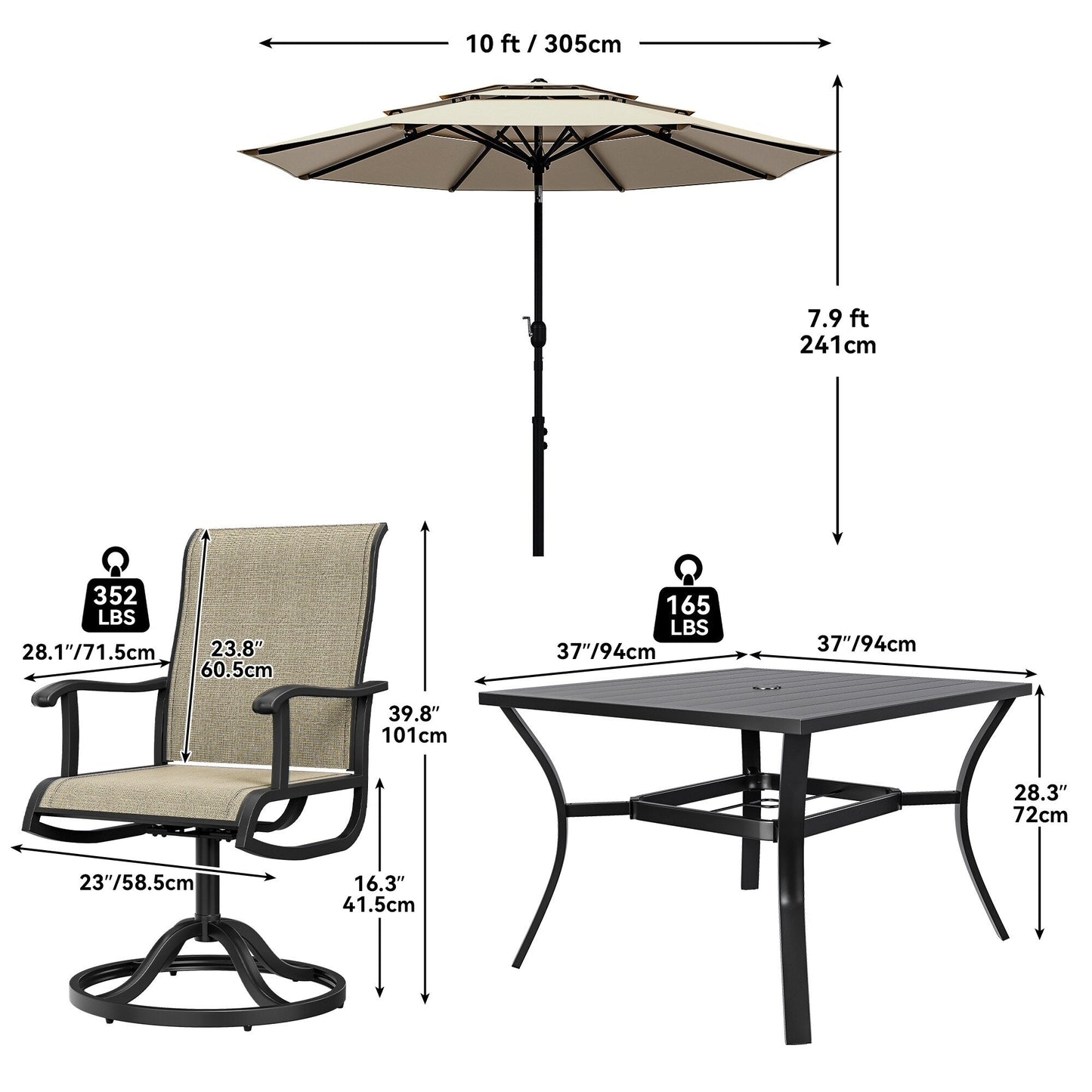 Set da pranzo per esterni 5/7/9 pezzi con sedie girevoli in textilene da 28 W, tavolo