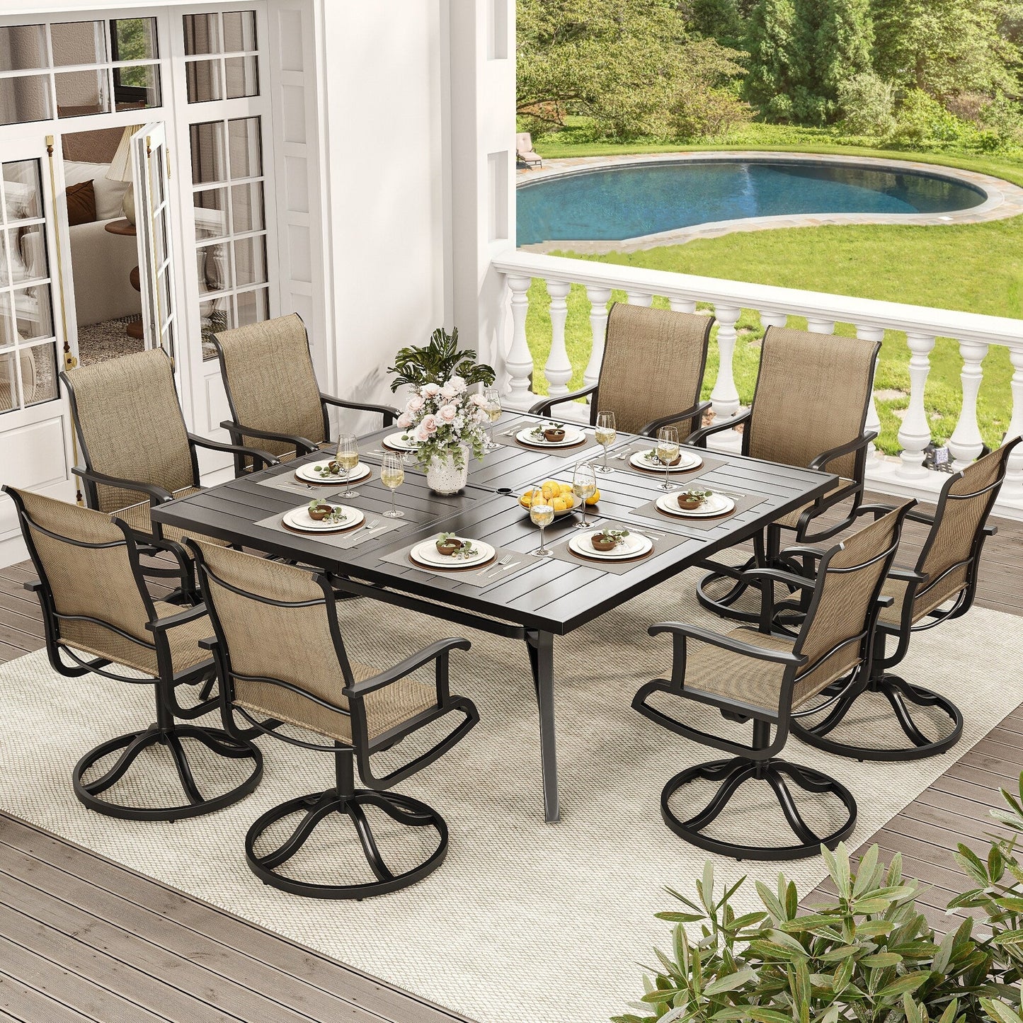 Set da pranzo per esterni 5/7/9 pezzi con sedie girevoli in textilene da 28 W, tavolo