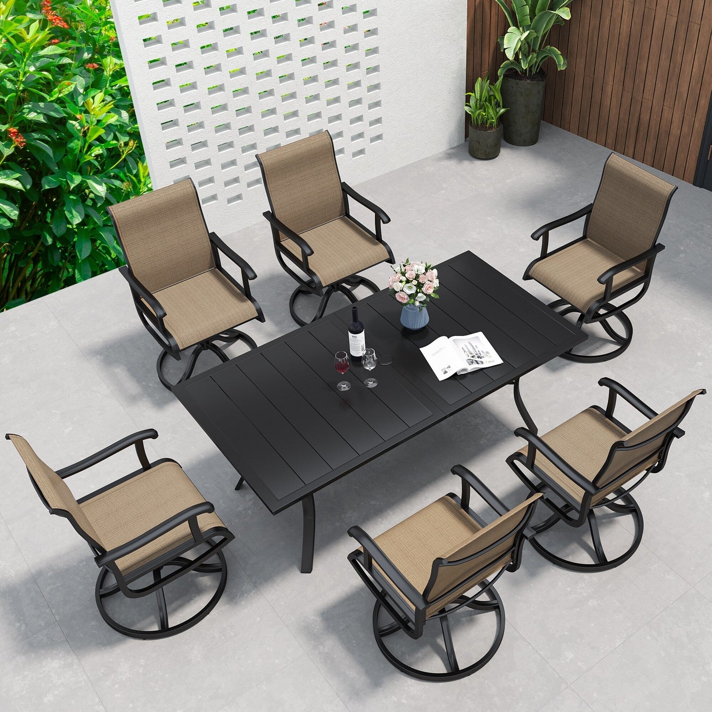 Set da pranzo per esterni 5/7/9 pezzi con sedie girevoli in textilene da 28 W, tavolo