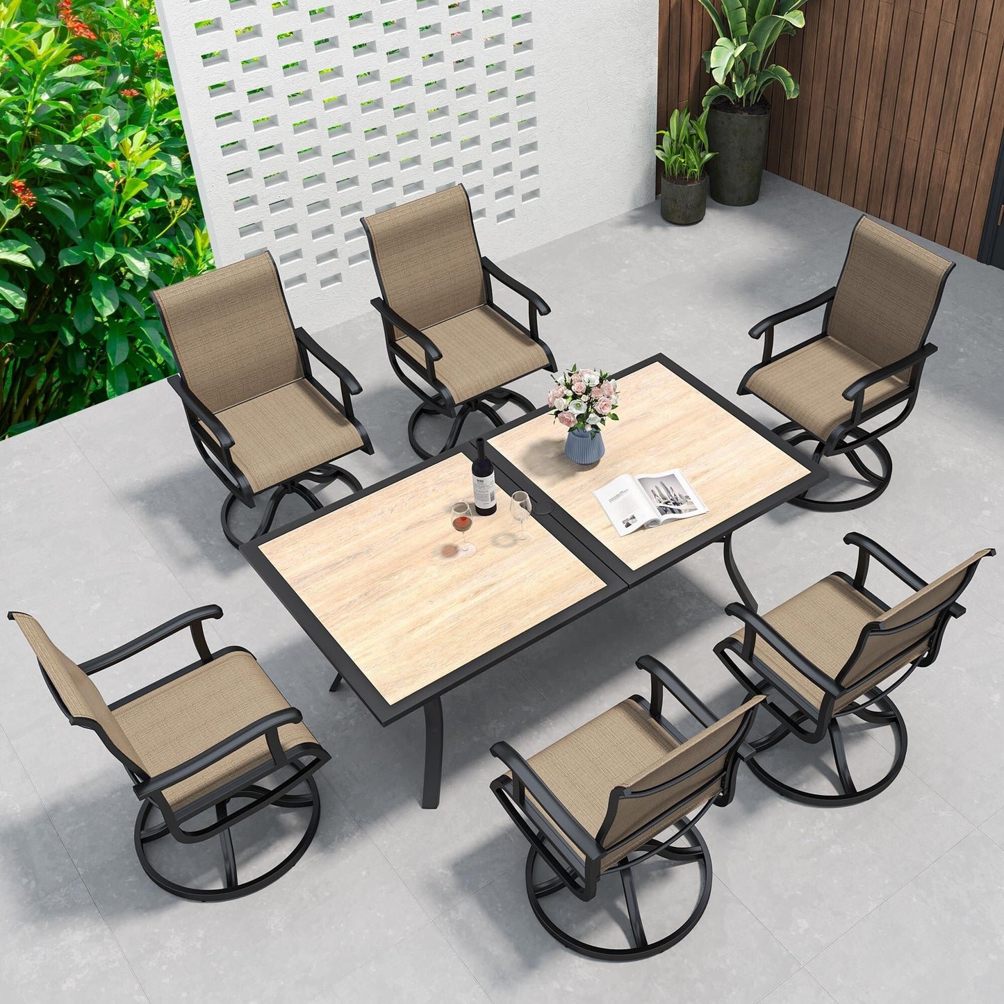 Set da pranzo per esterni 5/7/9 pezzi con sedie girevoli in textilene da 28 W, tavolo