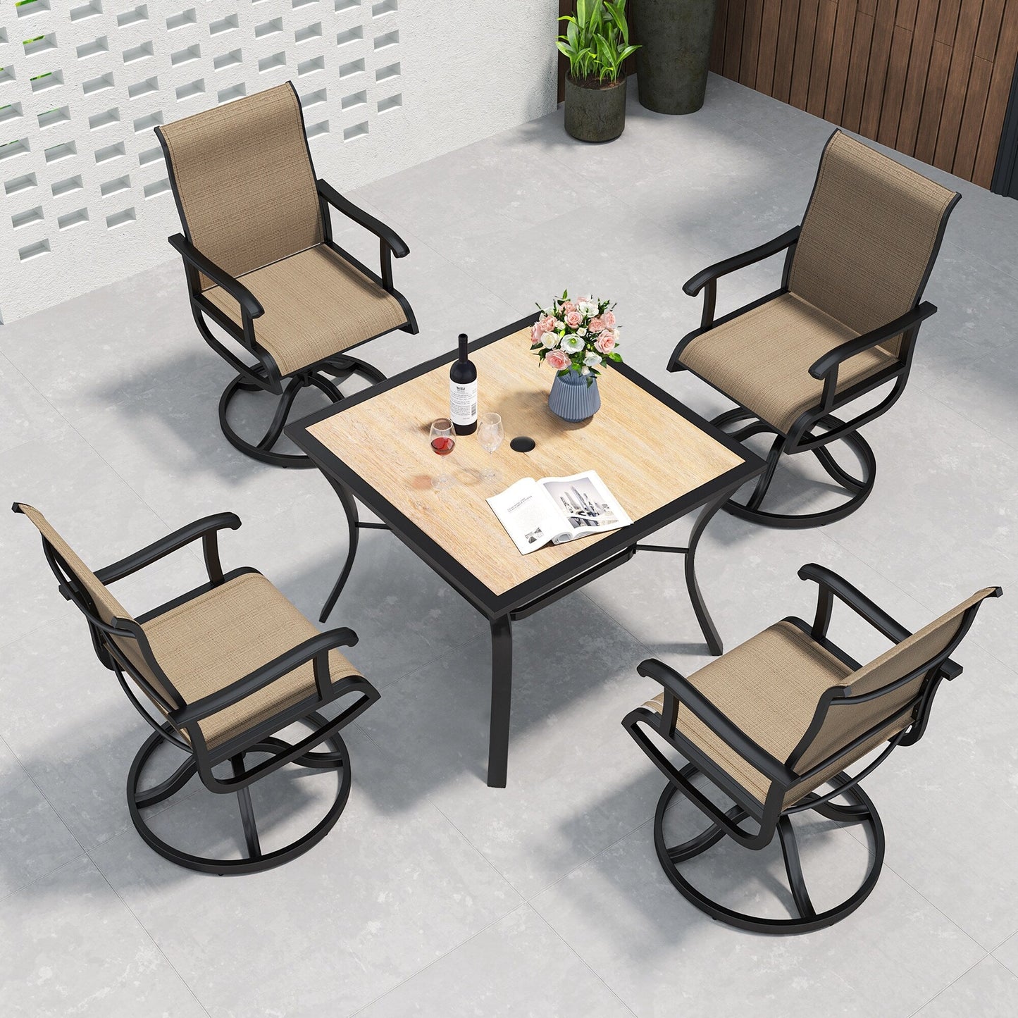 Set da pranzo per esterni 5/7/9 pezzi con sedie girevoli in textilene da 28 W, tavolo