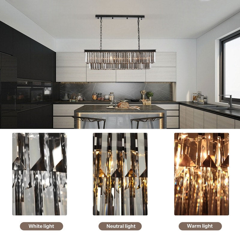 Lampadario moderno contemporaneo in cristallo grigio fumé e nero da 47 pollici, a 2 livelli, con isola da cucina lineare, per sala da pranzo