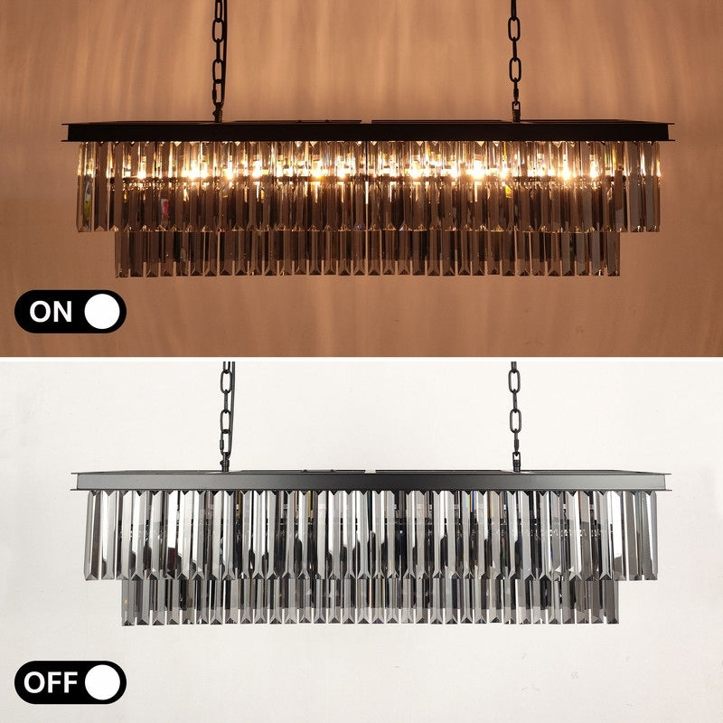 Lampadario moderno contemporaneo in cristallo grigio fumé e nero da 47 pollici, a 2 livelli, con isola da cucina lineare, per sala da pranzo