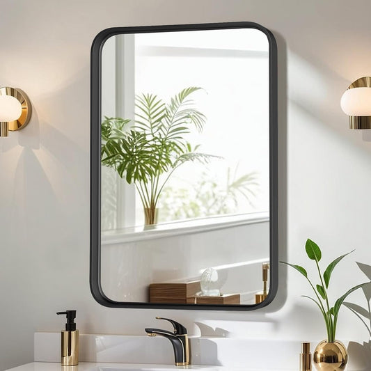 Specchi da bagno rettangolari arrotondati con cornice in lega di alluminio nero, da appendere sopra il lavandino, orizzontalmente o verticalmente.