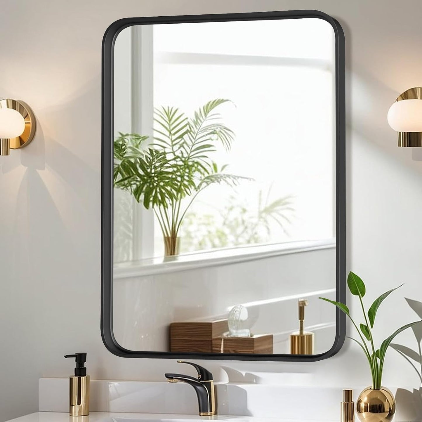 Specchi da bagno rettangolari arrotondati con cornice in lega di alluminio nero, da appendere sopra il lavandino, orizzontalmente o verticalmente.